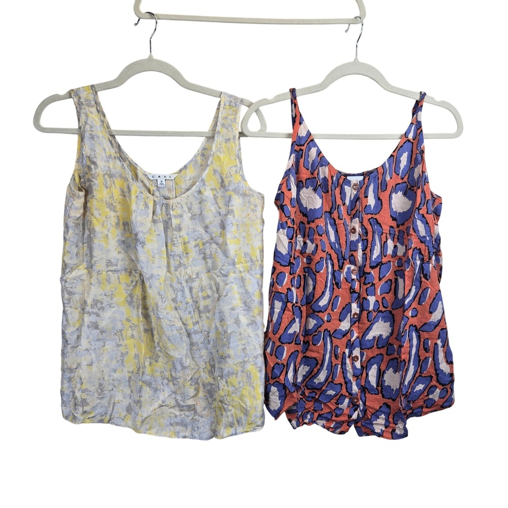 Lot of 2 Cabi Womens Tank Tops‎ Set Leopard Camo Abstract Silk Small Vacation
